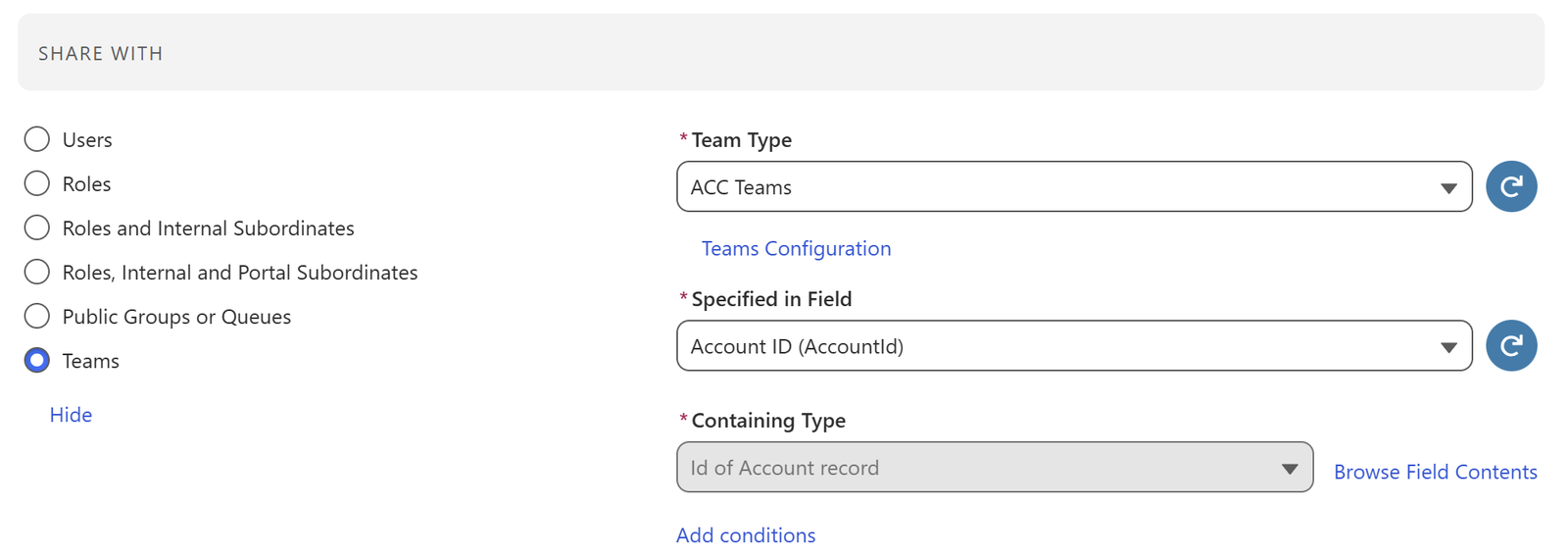 Screenshot showing team sharing setup