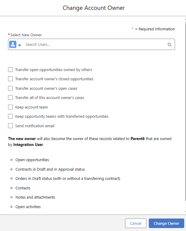 Screenshot of ownership change screen