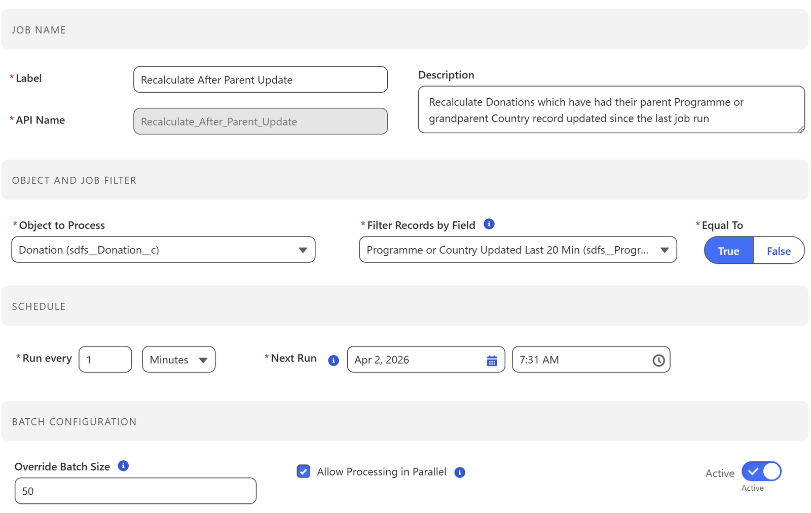 Screenshot of targeted calculation batch detail