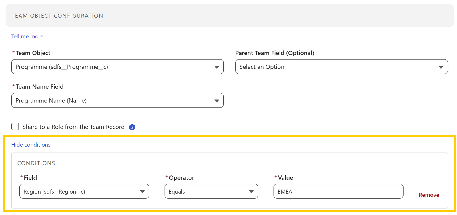 Team mapping filter panel showing field, operator, and value inputs